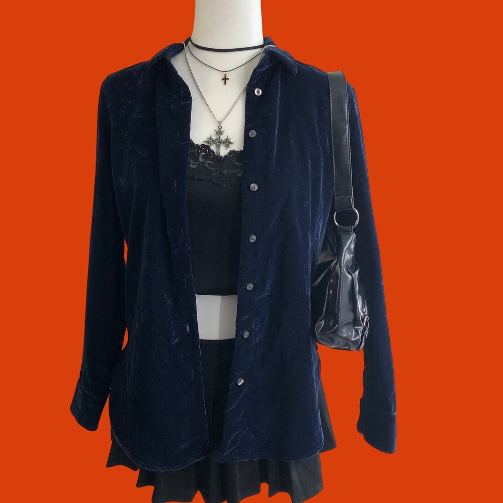 Gap Navy Blue Velvet Boyfriend Button Down Long Sleeve Shirt Womens XXS